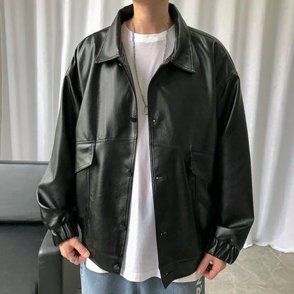 maoxiangshop Spring New Loose Soft Leather Jacket Single Breasted Jacket Men Casual Biker Jacket Men Jacket Leather Large Size XXL
