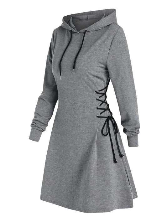 maoxiangshop Casual Women Long Sleeve Autumn Dress Drawstring Lace Up Mini Hoodie Dress Vestidos Femme Gothic Fashion Dress Streetwear