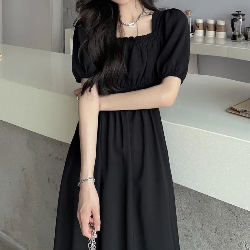 Black Vintage Midi Dress Elegant Women Dresses Square Collar Puff Sleeve Oversized Loose Casual Sundress Female Robe