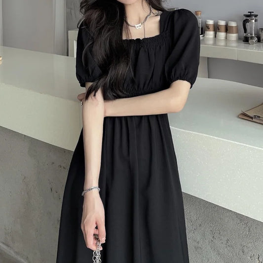 Black Vintage Midi Dress Elegant Women Dresses Square Collar Puff Sleeve Oversized Loose Casual Sundress Female Robe