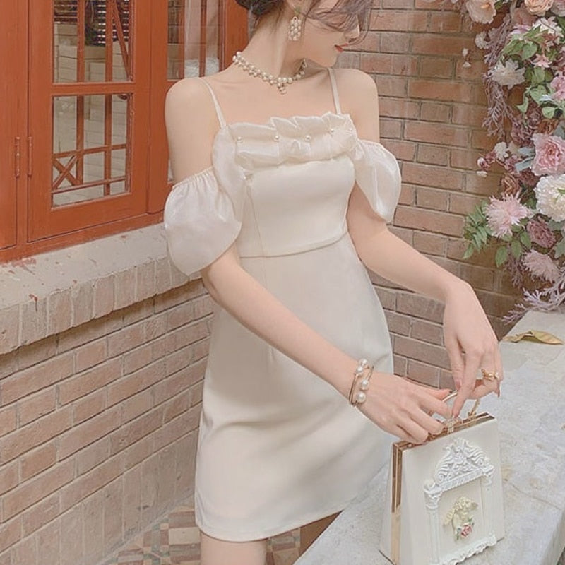 maoxiangshop Strap Mini Vintage Kawaii Dress Women French Elegant Sexy Off Shoulder Dresses Korean Sweet Ruffle Slim Dresses for Casual