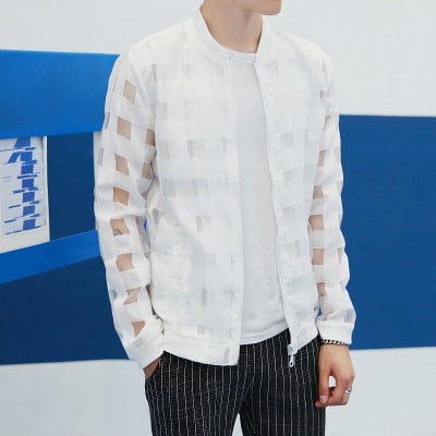 maoxiangshop Pierced Transparent Bomber Jacket Men Sun Protection Clothing Windbreaker Summer Thin Men Plaid Jackets Slim Fit Mens Coats