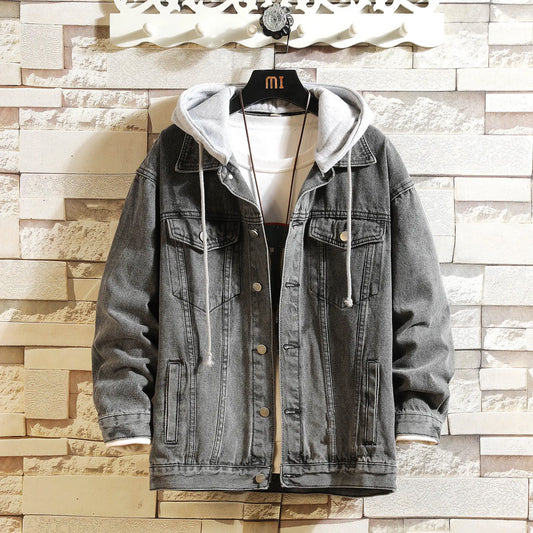 maoxiangshop Denim Jacket Men Hooded Casual Men Jean Jackets Streetwear Solid Color Turn Down Collar Denim Coats Men Jacktes Hat Detachable