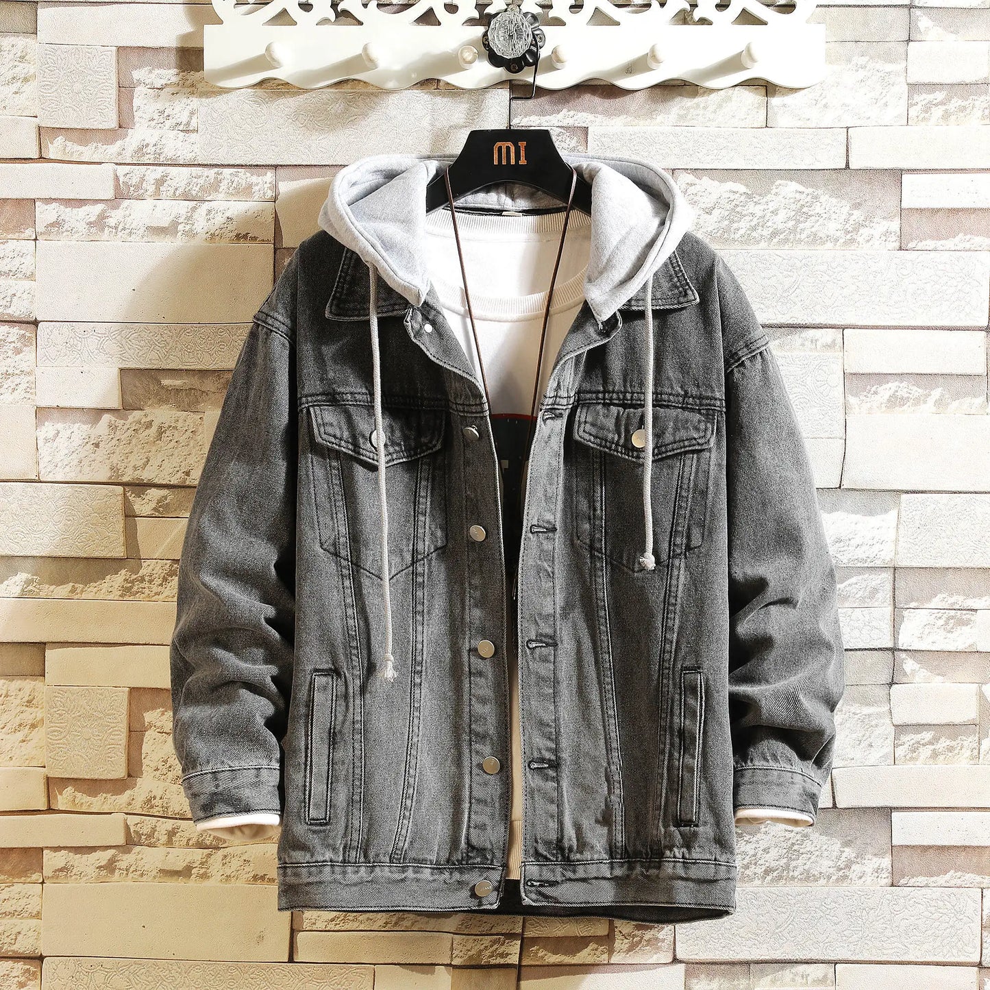 maoxiangshop Denim Jacket Men Hooded Casual Men Jean Jackets Streetwear Solid Color Turn Down Collar Denim Coats Men Jacktes Hat Detachable