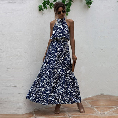 Summer Long Floral Halter Dress Women New Casual Slim Leopard Bandage Ladies Dot Print Beach Style Maxi Dresses