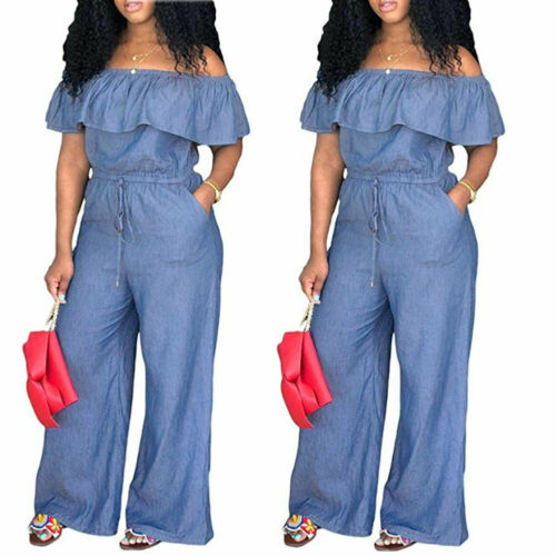 maoxiangshop Fashion Casual Women Solid Off Shoulder Long Romper Jumpsuit Bodysuit Overall Wide Legs