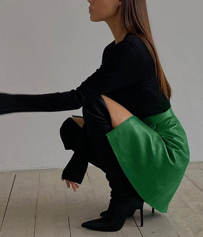 maoxiangshop Faux Leather Crocodile Pattern A-Line Skirt Women Fashion Elegant Solid Green High Waist Split Mini Skirts Autumn