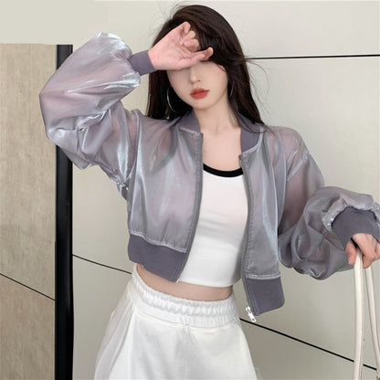 maoxiangshop Jackets Women Cropped Thin Summer Zipper Pure Color Cool Simple Outwear Sun Protection Outdoor Fashion Ladies Leisure Popular