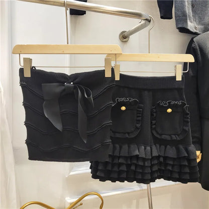Cute Sweet Knitted 2 Piece Set Summer Sexy Strapless Crop Top + High Waist Ruffles Skirts Sets Tracksuit Women Two Piece Outfits