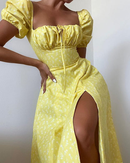 Short Puff Sleeve Floral Dress Women Bandage Backless Midi Summer Dresses Lace-up High Split Long Dress Vestidos