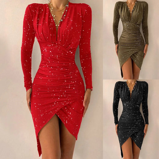 maoxiangshop Party Dresses For Women Fashion Elegant Hot Stamping Sequins Dress women Irregular-Hem Sexy Deep V-Neck Bodycon Dresses