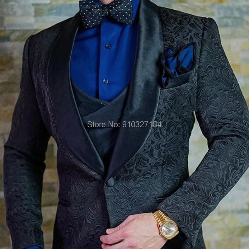 maoxiangshop Navy Blue Floral Jacquard Men Suits Slim Fit with Shawl Lapel 3 Piece Custom Wedding Tuxedo for Groomsmen Male Fashion Costume