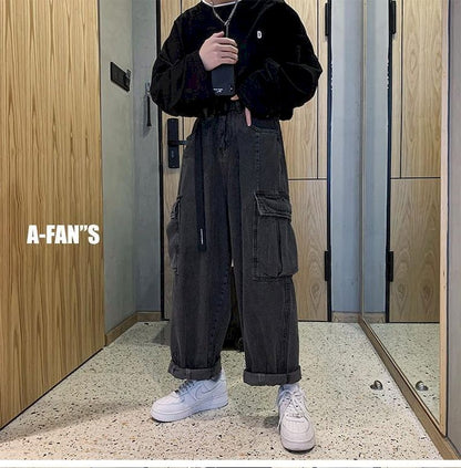 maoxiangshop Wide-leg Jeans Men's Autumn Daddy Trend Student Loose Straight-leg Pants Japanese Retro Big Pocket Loose Wild Fashion New W