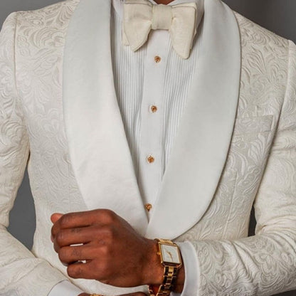 maoxiangshop Ivory Floral Jacquard Wedding Tuxedo for Groomsmen 2 piece Slim fit Men Suits with Shawl Lapel African Male Fashion Costume