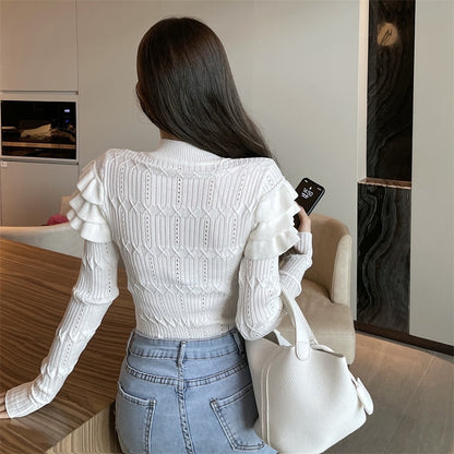 maoxiangshop Full Sleeve Turtleneck Buttons Sweater Jumpers Girls Stretchy Chic Ruffles Autumn Spring Sweaters Pullovers Tops Women