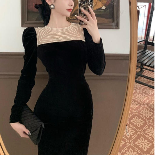 maoxiangshop Black Elegant Evening Midi Dress Women Bodycon France Vintage Velvet Party Dress Ladies Korean Fashion Chic Dresses Autumn