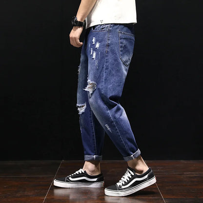 maoxiangshop Men Summer Ripped Ankle Length Plus Size Jeans 38 40 42 Harem Holes Hip Hop Trousers Denim Scratched Loose Boys Cool Blue Pants