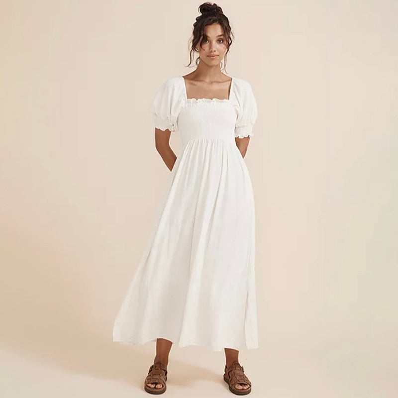 Summer Women Casual Dress Sexy Backless Square Neck Puff Sleeve Midi Dresses Boho White Vacation Elegant Dress