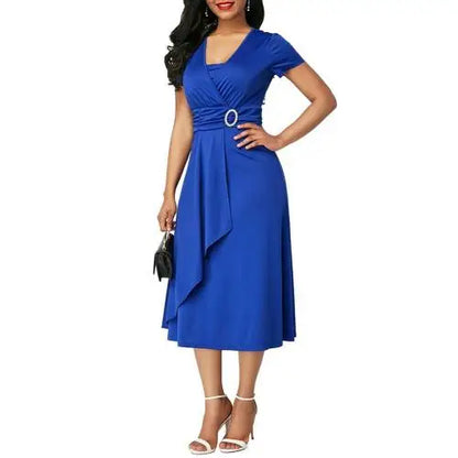 maoxiangshop Fashion Elegant Women Solid Color Short Sleeve V Neck Asymmetric Hem Waist Tight Midi Party Dress Ladies Evening Vestidos