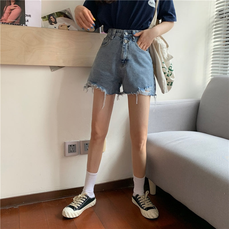 maoxiangshop Denim Shorts Women Pockets Teens Streetwear Korean Vintage High Waisted Ins Ladies Trouser Summer Chic Stylish All-match Simple