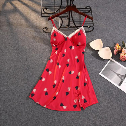 Print Sweetheart Spaghetti Strap Nightdress Sexy Side Splite Nightgown Sweet Bow Lace Trim Sleepwear Satin Casual Sleep Shirt