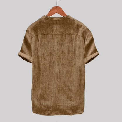 maoxiangshop Summer Men Cotton Linen Blouse Casual Solid Color Short Sleeve Cotton Linen Button Down Beach Loose Holiday Shirt Comfortable
