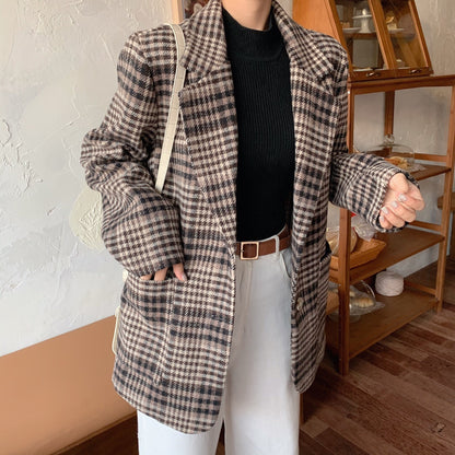 Y2K Elegant Autumn Winter Plaid Women Blazer Coat Causal Long Sleeve Tweed Coat Short Office Ladies Pocket Women Suit Blazer