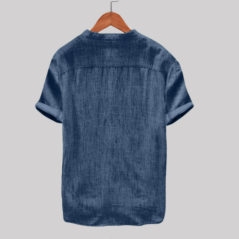 maoxiangshop Summer Men Cotton Linen Blouse Casual Solid Color Short Sleeve Cotton Linen Button Down Beach Loose Holiday Shirt Comfortable