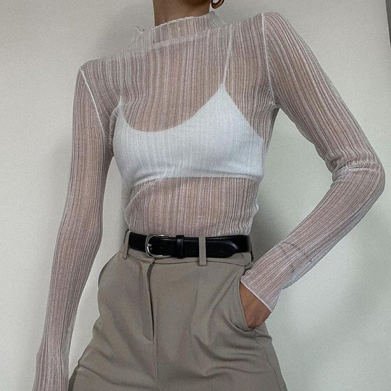 maoxiangshop Fall Elegant See Through Long Sleeve Mock Neck Women Tops Fashion Streetwear Sexy T-Shirts Tees Slim Clothes