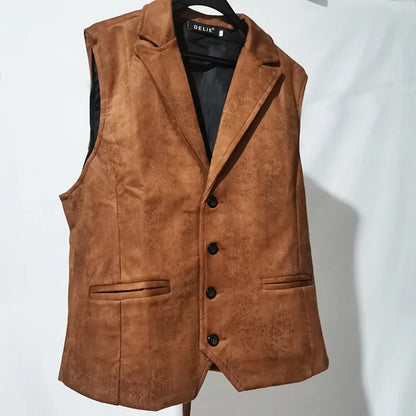 maoxiangshop Vest Men Casual Waistcoat Man Faux leather fashion leather Slim vest lapel classical Vintage gilet European style male