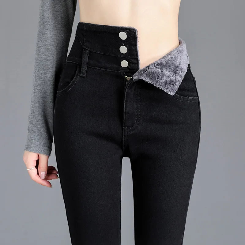 maoxiangshop Thermal Winter Thick Fleece High-waist Warm Skinny Jeans Thick Women Stretch Button Pencil Pants Mom Casual Velvet Jeans