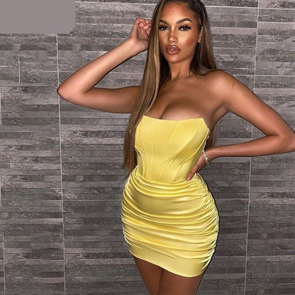 Sleeveless Backless Night Club Women Dresses Mini Bodycon Summer Dress Vestido Satin Folds Off Shoulder Sexy Dress