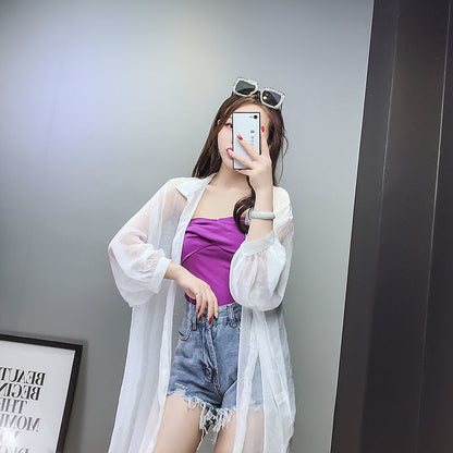 maoxiangshop Women Blouse Sun Protection Fashion Long Lantern Sleeve Outerwear Sheer All-match Thin Beach Street Comfort Korean Style Leisure