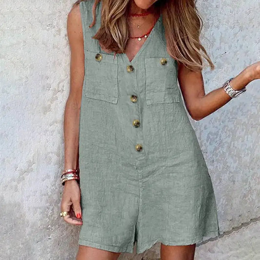 maoxiangshop Summer Jumpsuits Women V Neck Sleeveless Rompers Stylish Short Playsuits Casual Solid Loose Beach Overalls Oversized