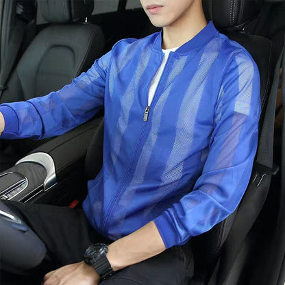 maoxiangshop Pierced Transparent Bomber Jacket Men Sun Protection Clothing Windbreaker Summer Thin Men Plaid Jackets Slim Fit Mens Coats