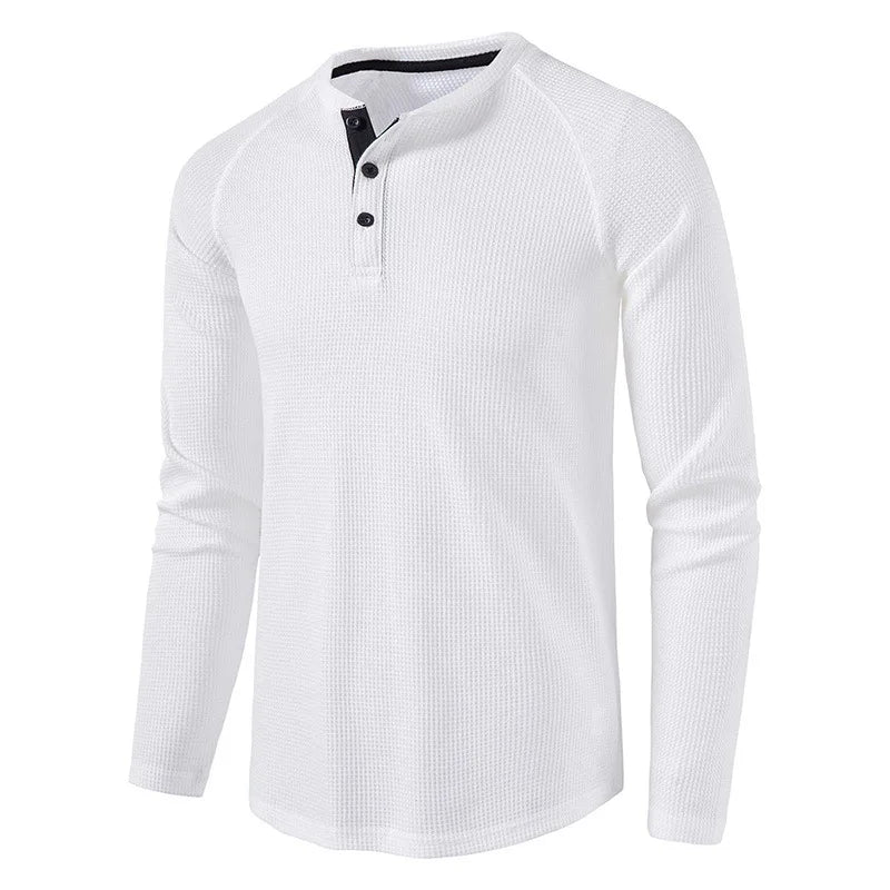 maoxiangshop Fashion Waffle Cotton T Shirt Men Spring New Slim Fit Long Sleeve Henley Tshirt Men Streetwear Casual Solid Color T-Shirt