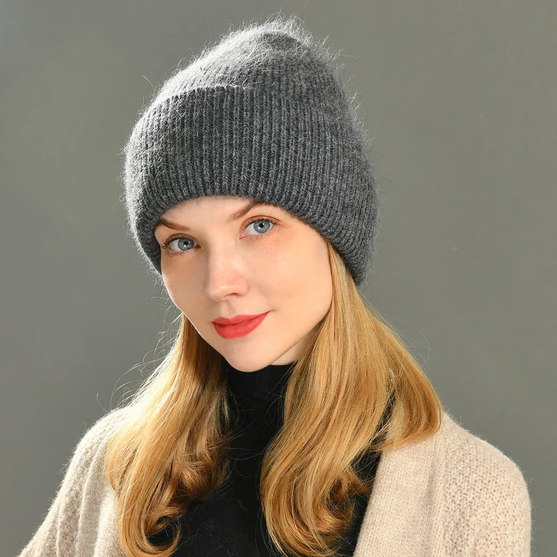 maoxiangshop Casual Women's Hat Real Rabbit Fur Beanie Ladies Autumn Winter Cashmere Hats Three Fold Thick Knitted Girls Skullies Beanies Cap