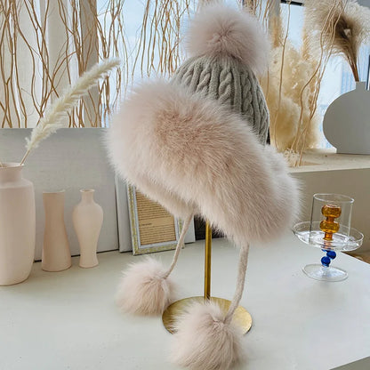 maoxiangshop  -  Winter Rabbit Fur Bomber Hat Knitted Warm Fleece Beanie Hat Outdoor Coldproof Pom Pom Bonnet Thicken Windproof Caps With Earmuff