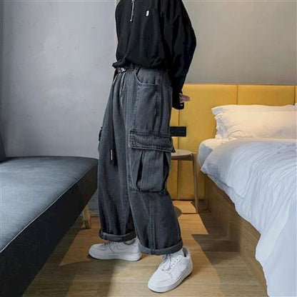 maoxiangshop Wide-leg Jeans Men's Autumn Daddy Trend Student Loose Straight-leg Pants Japanese Retro Big Pocket Loose Wild Fashion New W