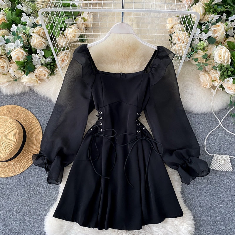 maoxiangshop Summer Short Party Dress Women Vintage Square Collar Hollow Out Mesh Puff Sleeve Lace up Slim Waist A Line Mini Club Dress