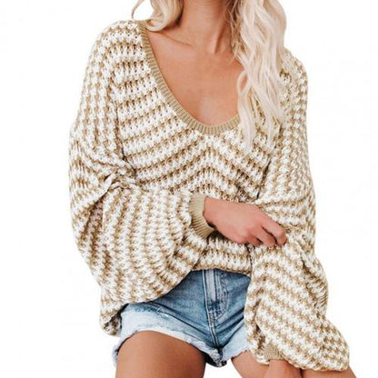 Women's Sweater Loose Striped Knitted Thick Knit Wide Neck Sweater Long Sleeve Loose Off Shoulder Jumper for Autumn Winter