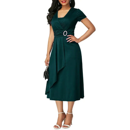 maoxiangshop Fashion Elegant Women Solid Color Short Sleeve V Neck Asymmetric Hem Waist Tight Midi Party Dress Ladies Evening Vestidos