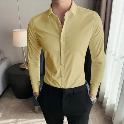 maoxiangshop Plus Size S-7XL High Quality Men Dress Shirt Autumn Long Sleeve Solid Business Slim Shirts Homme Dress Social Casual Shirt