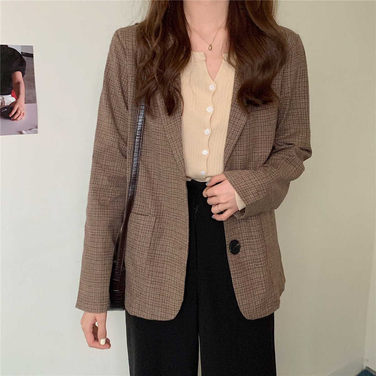 Y2K Elegant Autumn Winter Plaid Women Blazer Coat Causal Long Sleeve Tweed Coat Short Office Ladies Pocket Women Suit Blazer