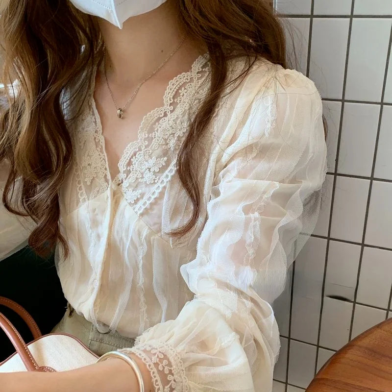 maoxiangshop Shirts Women Solid Lace V-Neck Gentle All-match Stylish Simple Elegant Soft New Arrival Streetwear Long Sleeve Korean Style Tops