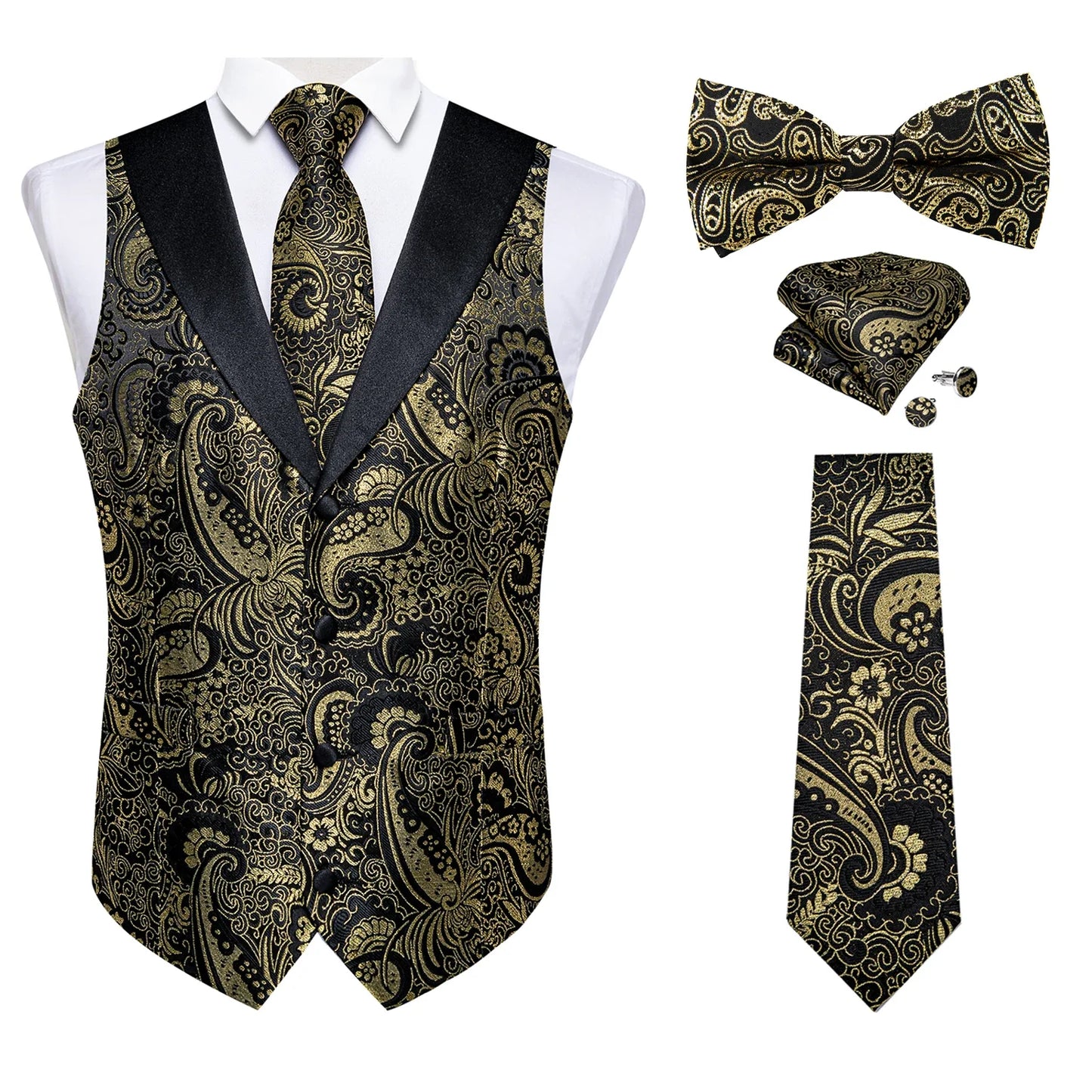 maoxiangshop Brand Suit Vest Set For Men Luxury Silk Black Gold Paisley Dress Vest Tie Cufflinks Handkerchief Set Male Sleeveless Waistcoat