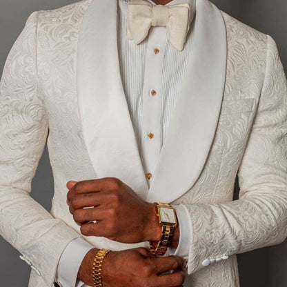 maoxiangshop Ivory Floral Jacquard Wedding Tuxedo for Groomsmen 2 piece Slim fit Men Suits with Shawl Lapel African Male Fashion Costume