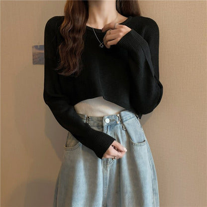 maoxiangshop New Autumn Women Solid Sweater O-Neck Loose Sweater Pullover Crop Top Sweaters Shirts Femme Knit Outwear Jumpers