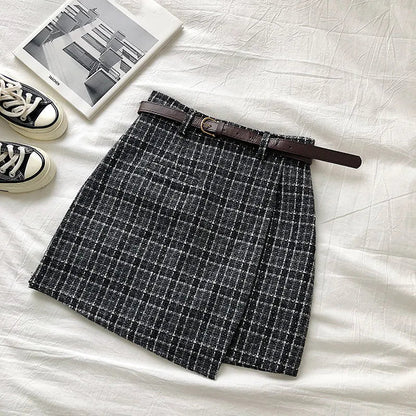 maoxiangshop Korean Irregular Lady Skirt Female Autumn Sweet High Waist A-line Mini Skirt Belt Vintage Casual Women Plaid Skirt Sashes