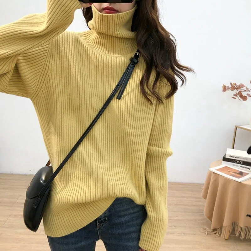 maoxiangshop Turtleneck Knitted Women Sweater Streetwear Long Sleeve Tops Pullover Black Korean Vintage Female High Neck Clothing Winter